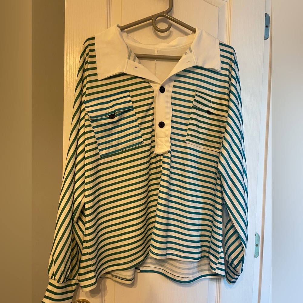 SHEIN Green and White Button Down Shirt